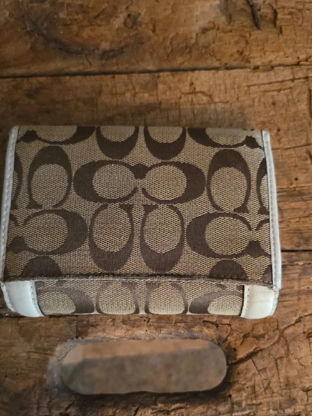 Coach Brown Signature Canvas Small Card Wallet with Cream Trim